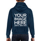 Kid wearing a Navy Blue Hoodie, displaying the back, showing a placeholder image indicating that the Custom Hoodie can be customised with own design and image on back side.