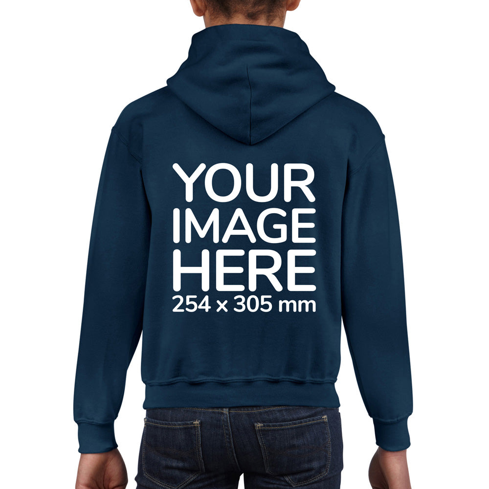 Kid wearing a Navy Blue Hoodie, displaying the back, showing a placeholder image indicating that the Custom Hoodie can be customised with own design and image on back side.