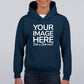 Kid wearing a Navy Blue Hoodie, displaying the front, showing a placeholder image indicating that the Custom Hoodie can be customised with own design and image on front side.