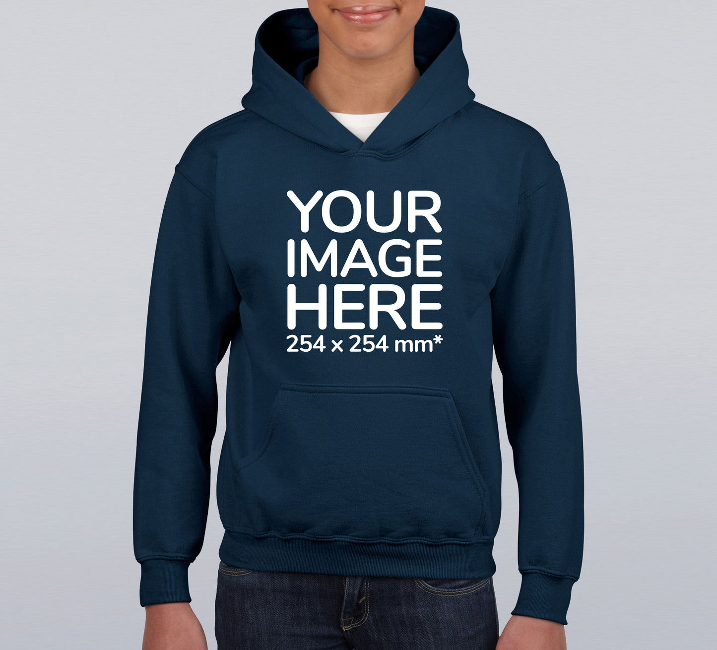 Kid wearing a Navy Blue Hoodie, displaying the front, showing a placeholder image indicating that the Custom Hoodie can be customised with own design and image on front side.