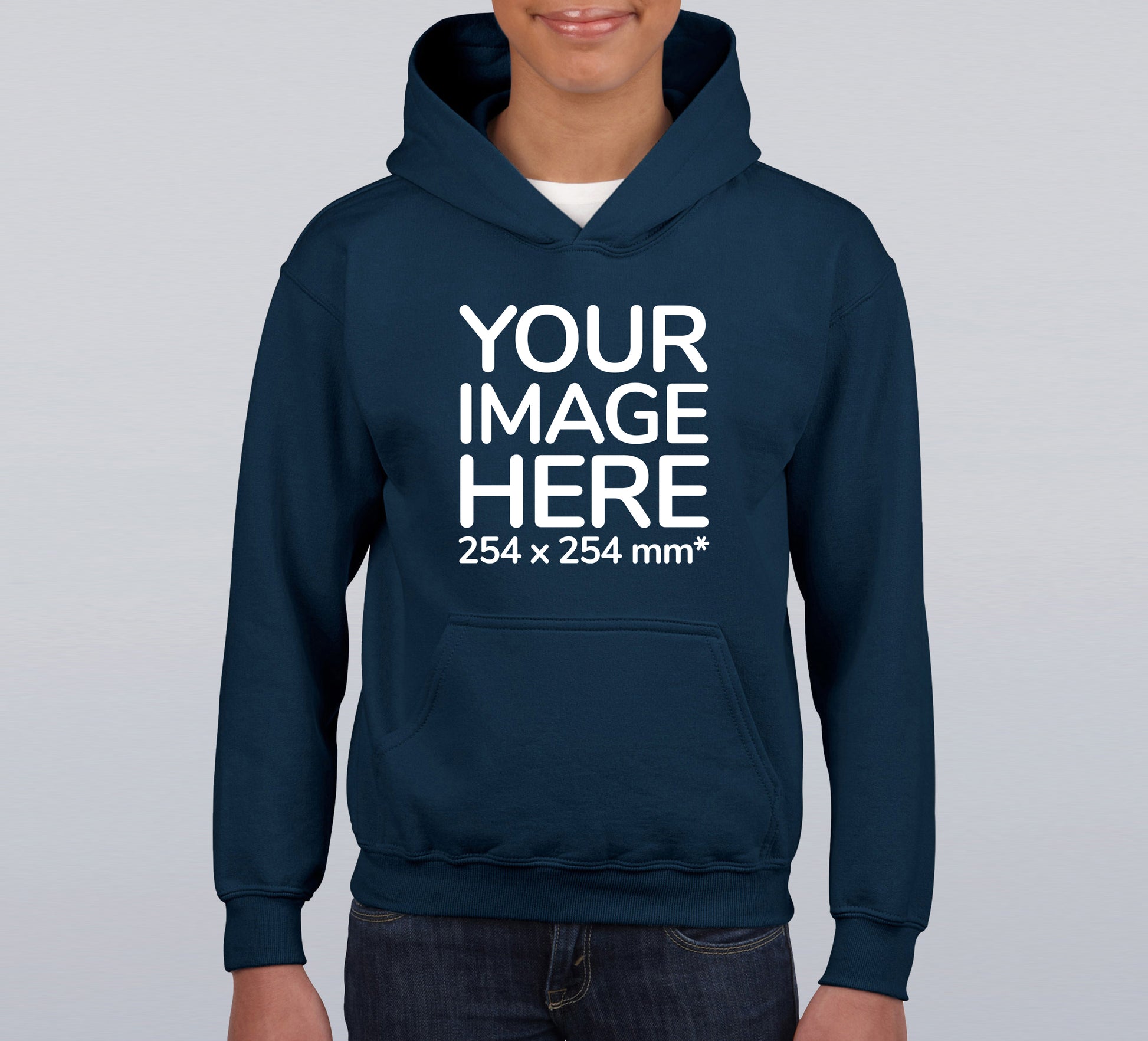 Kid wearing a Navy Blue Hoodie, displaying the front, showing a placeholder image indicating that the Custom Hoodie can be customised with own design and image on front side.
