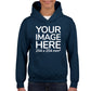 Boy wearing a Navy Blue Hoodie, displaying the front, showing a placeholder image indicating that the Custom Hoodie can be customised with own design and image on front side.