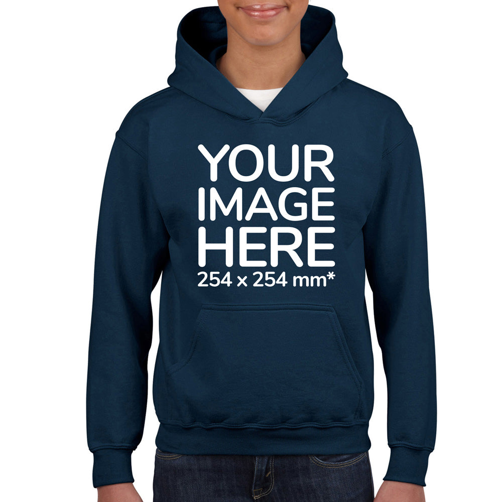 Boy wearing a Navy Blue Hoodie, displaying the front, showing a placeholder image indicating that the Custom Hoodie can be customised with own design and image on front side.