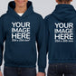 Kid wearing a Navy Blue Hoodie, displaying the front and back, showing a placeholder image indicating that the Custom Hoodie can be customised with own design and image on front and back side.