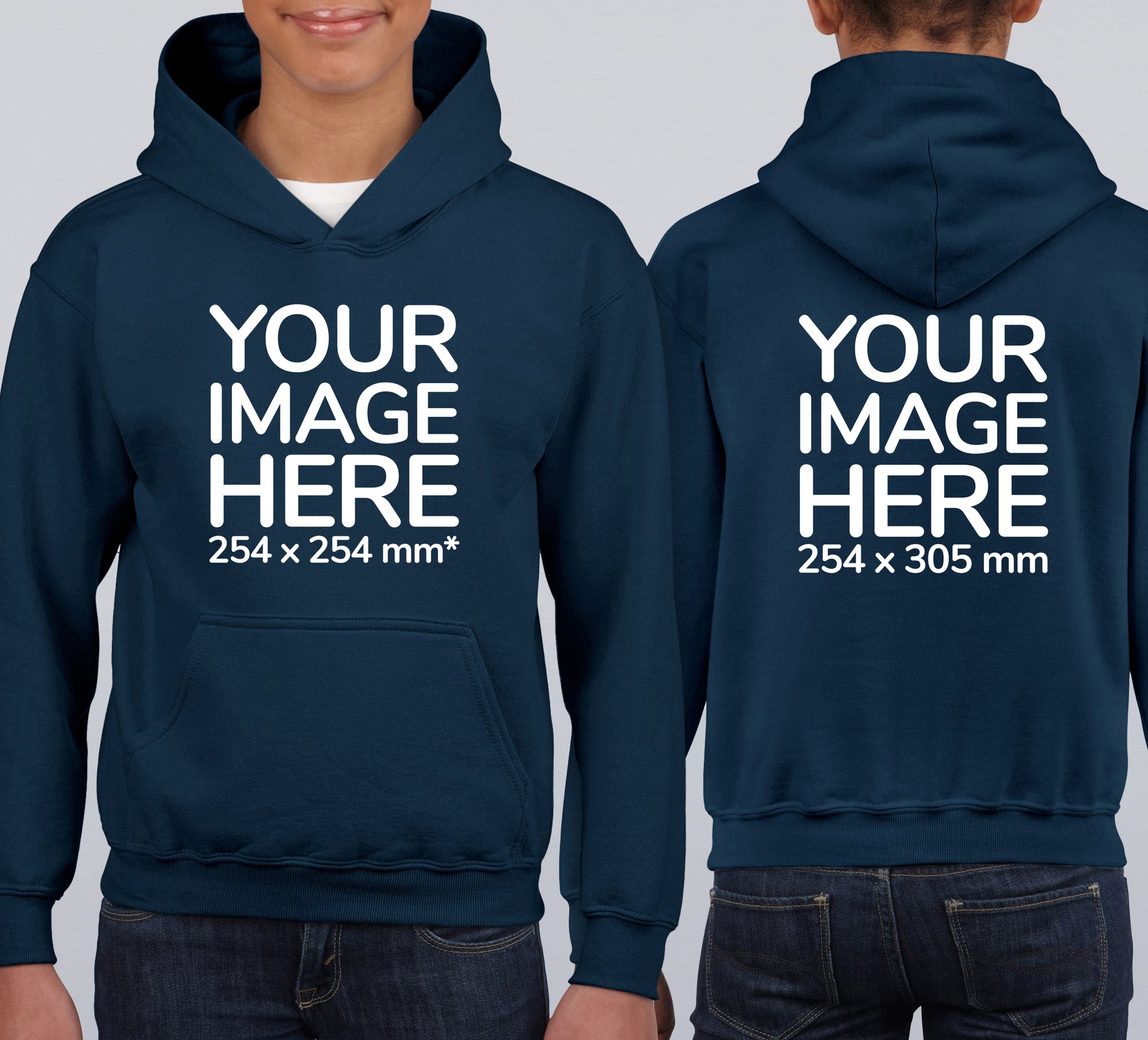 Kid wearing a Navy Blue Hoodie, displaying the front and back, showing a placeholder image indicating that the Custom Hoodie can be customised with own design and image on front and back side.