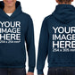 Kid wearing a Navy Blue Hoodie, displaying the front and back, showing a placeholder image indicating that the Custom Hoodie can be customised with own design and image on front and back side.