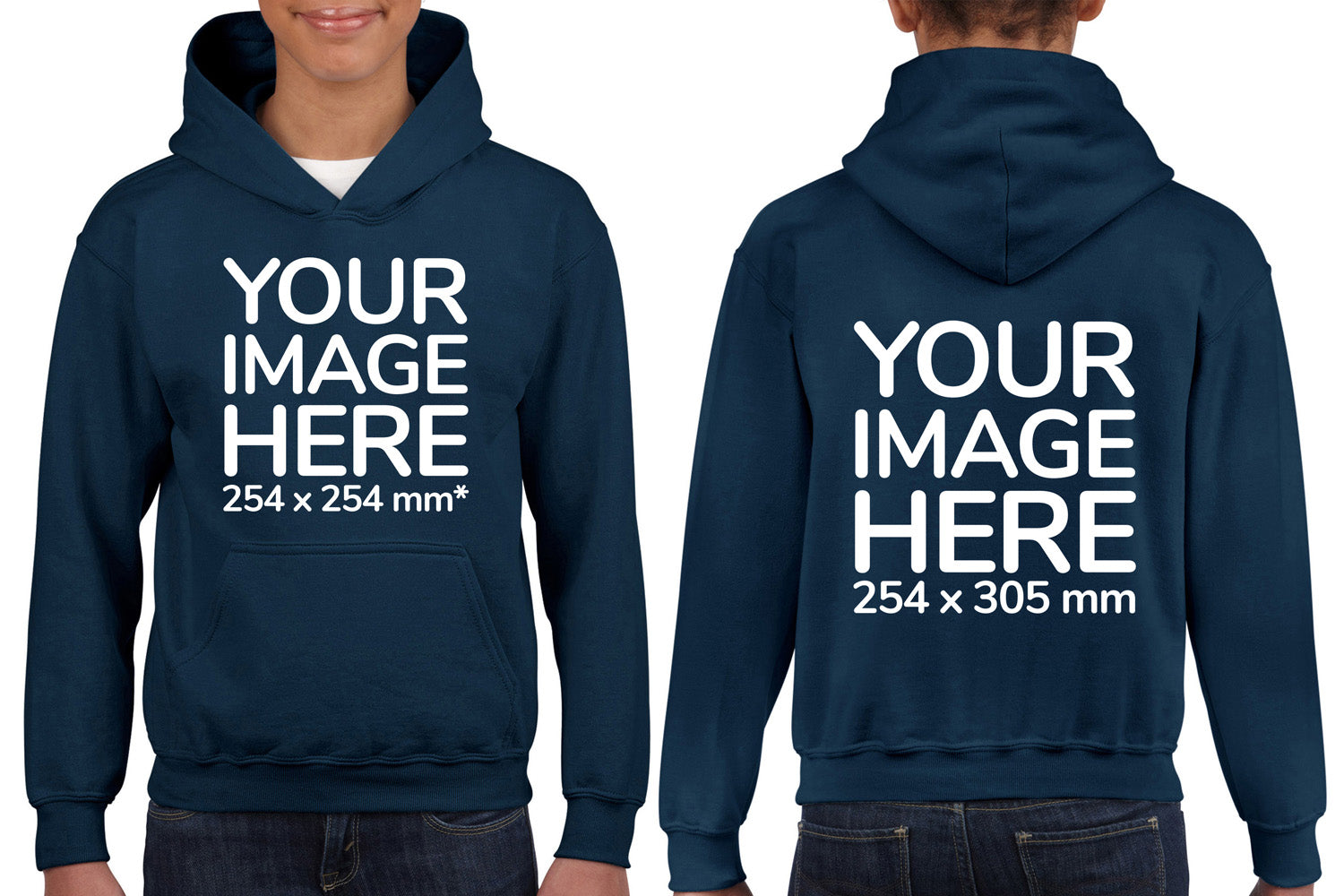 Kid wearing a Navy Blue Hoodie, displaying the front and back, showing a placeholder image indicating that the Custom Hoodie can be customised with own design and image on front and back side.