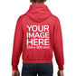 Kid wearing a Red Hoodie, displaying the back, showing a placeholder image indicating that the Custom Hoodie can be customised with own design and image on back side.