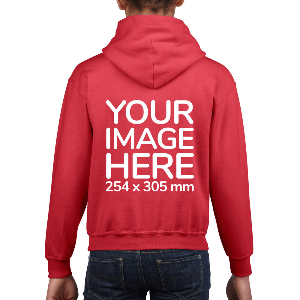 Kid wearing a Red Hoodie, displaying the back, showing a placeholder image indicating that the Custom Hoodie can be customised with own design and image on back side.