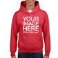 Kid wearing a Red Hoodie, displaying the front, showing a placeholder image indicating that the Custom Hoodie can be customised with own design and image on front side.