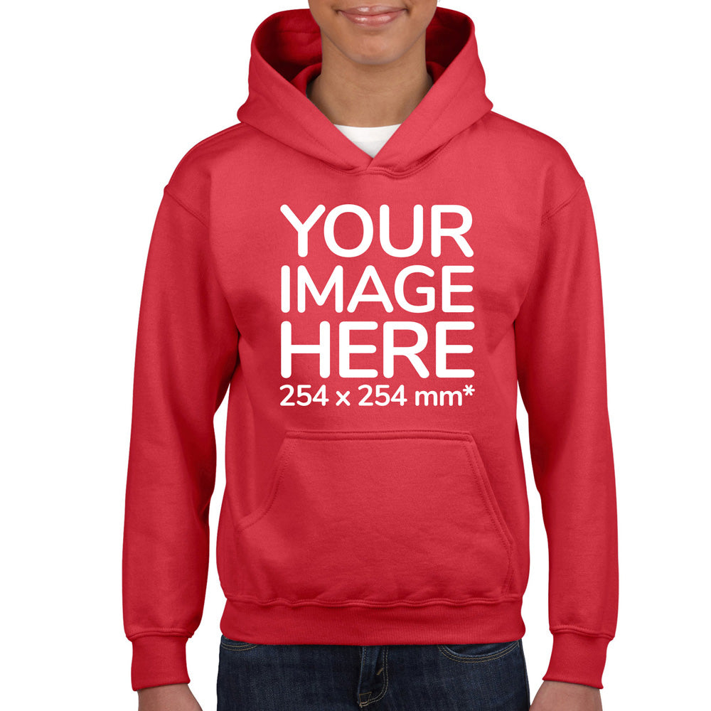 Kid wearing a Red Hoodie, displaying the front, showing a placeholder image indicating that the Custom Hoodie can be customised with own design and image on front side.