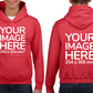 Kid wearing a Red Hoodie, displaying the front and back, showing a placeholder image indicating that the Custom Hoodie can be customised with own design and image on front and back side.