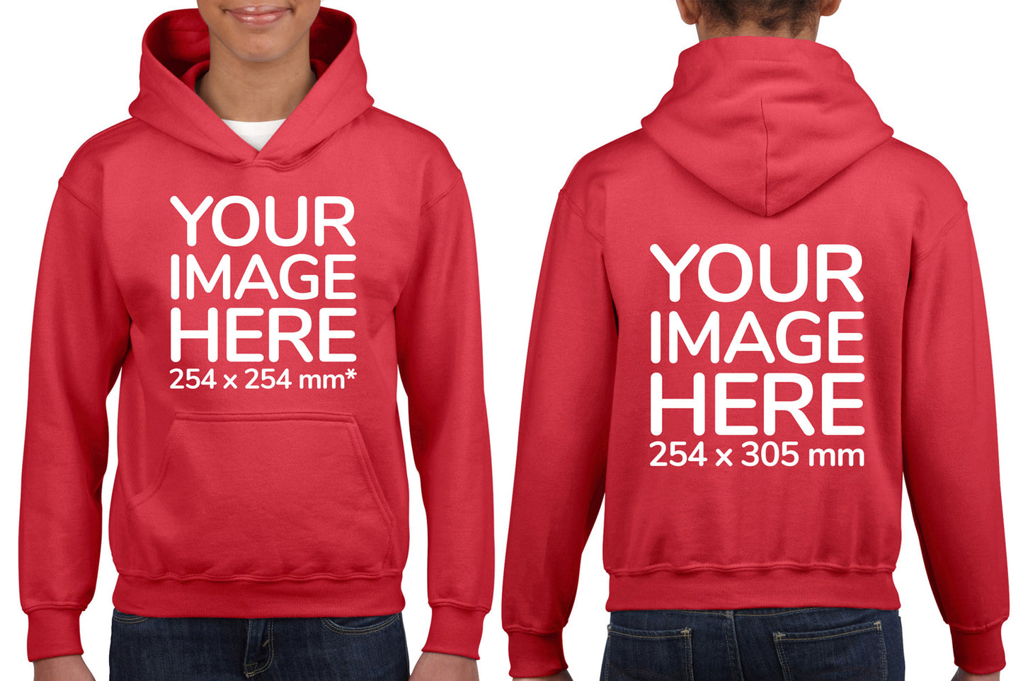 Kid wearing a Red Hoodie, displaying the front and back, showing a placeholder image indicating that the Custom Hoodie can be customised with own design and image on front and back side.