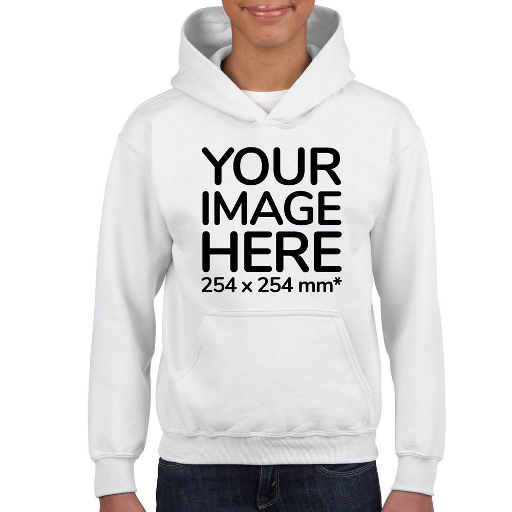Kid wearing a White Hoodie, displaying the front, showing a placeholder image indicating that the Custom Hoodie can be customised with own design and image on front side.