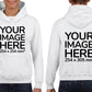 Kid wearing a White Hoodie, displaying the front and back, showing a placeholder image indicating that the Custom Hoodie can be customised with own design and image on front and back side.