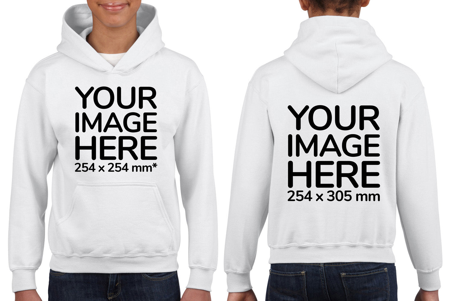 Kid wearing a White Hoodie, displaying the front and back, showing a placeholder image indicating that the Custom Hoodie can be customised with own design and image on front and back side.