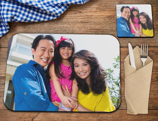 Custom Placemats and Personalised Coasters showing on Table. Both with same family photo.