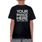 Kid wearing a black T-Shirt, displaying the back side, showing a placeholder image indicating that the Custom Tees can be customised with own design or photo on back side.