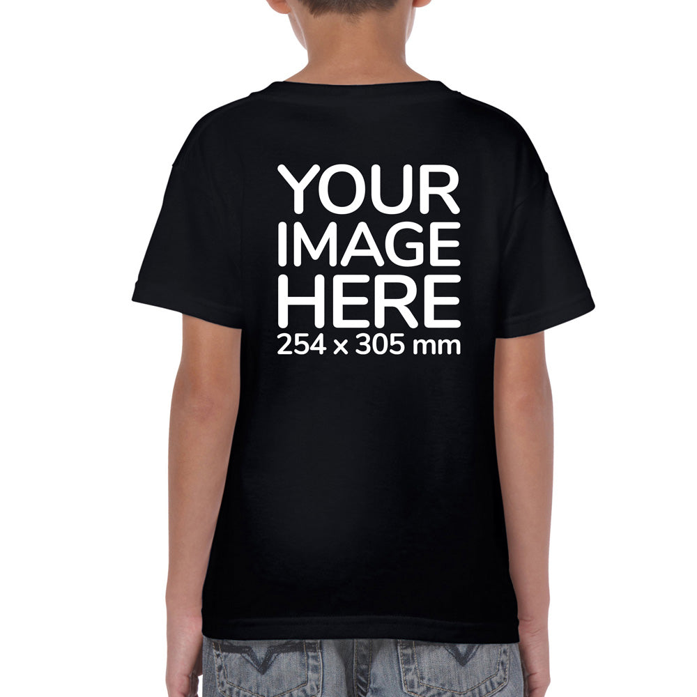 Kid wearing a black T-Shirt, displaying the back side, showing a placeholder image indicating that the Custom Tees can be customised with own design or photo on back side.