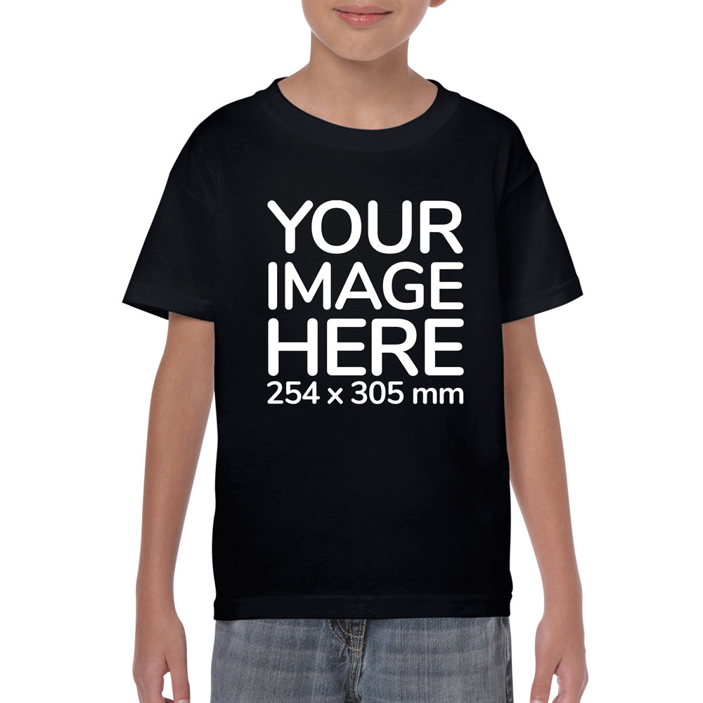 Kid wearing a black T-Shirt, displaying the front side, showing a placeholder image indicating that the Custom Tees can be customised with own design on front side.
