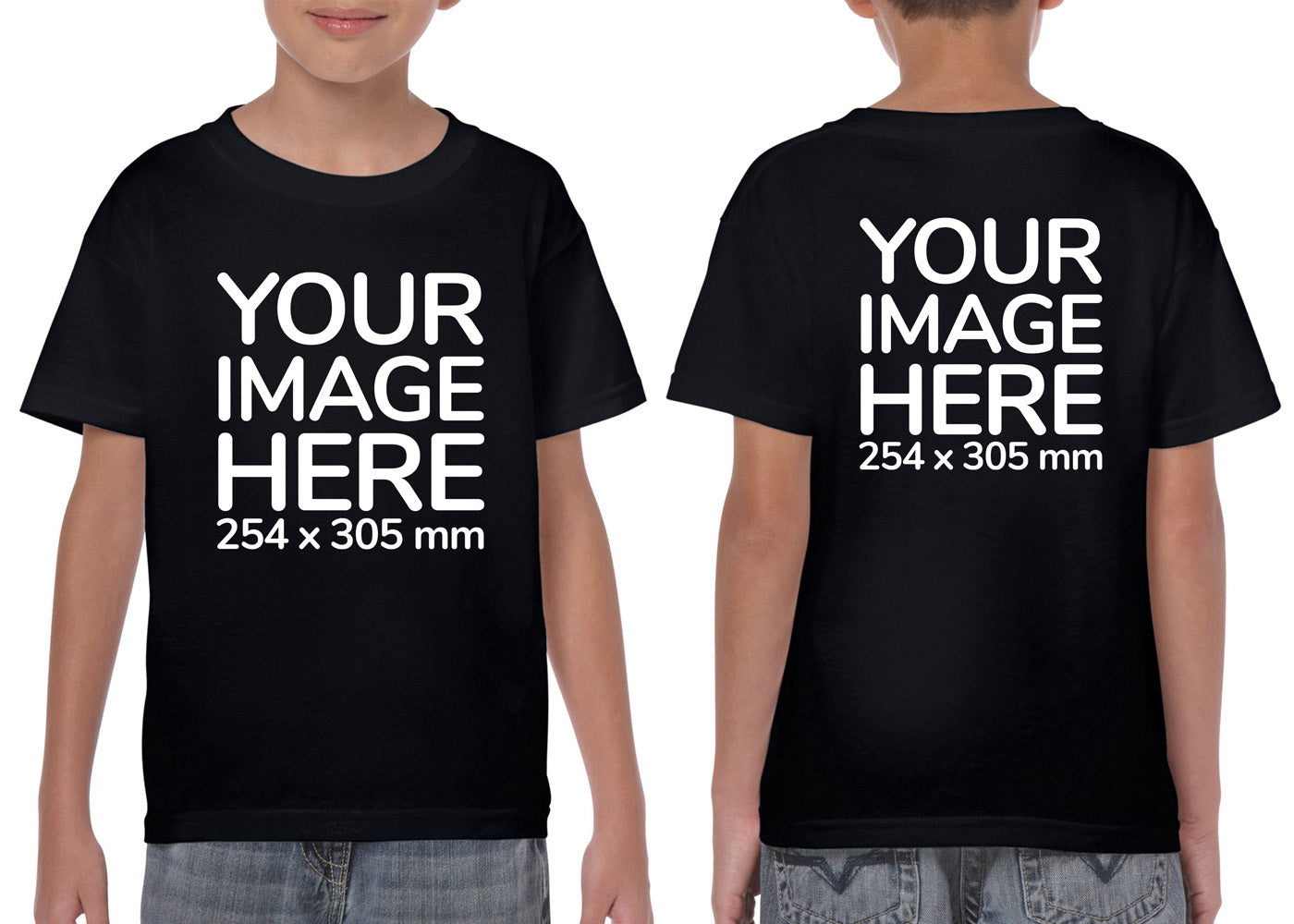 Kid wearing a black T-Shirt, displaying the front and back side, showing a placeholder image indicating that the Custom Tees can be customised with own design on front and back side.