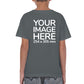 Kid wearing a dark gray T-Shirt, displaying the back side, showing a placeholder image indicating that the Custom Tees can be customised with own design or photo on back side.