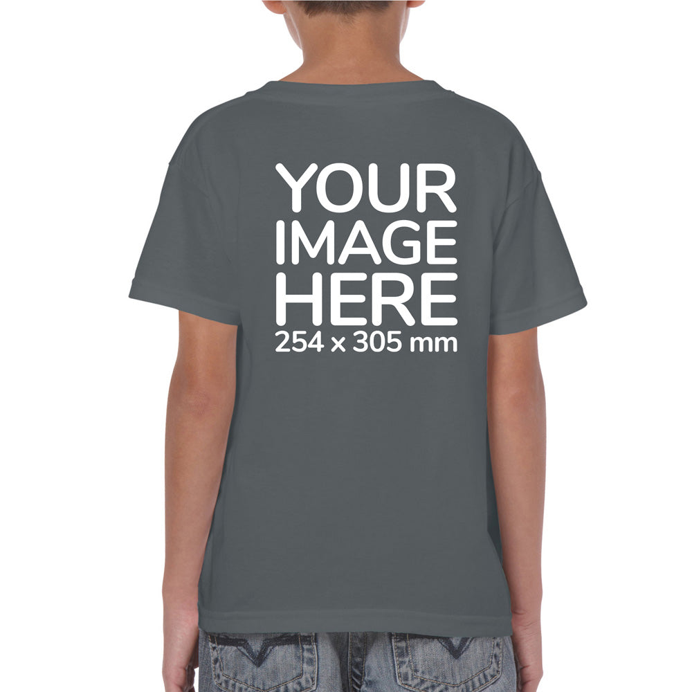 Kid wearing a dark gray T-Shirt, displaying the back side, showing a placeholder image indicating that the Custom Tees can be customised with own design or photo on back side.