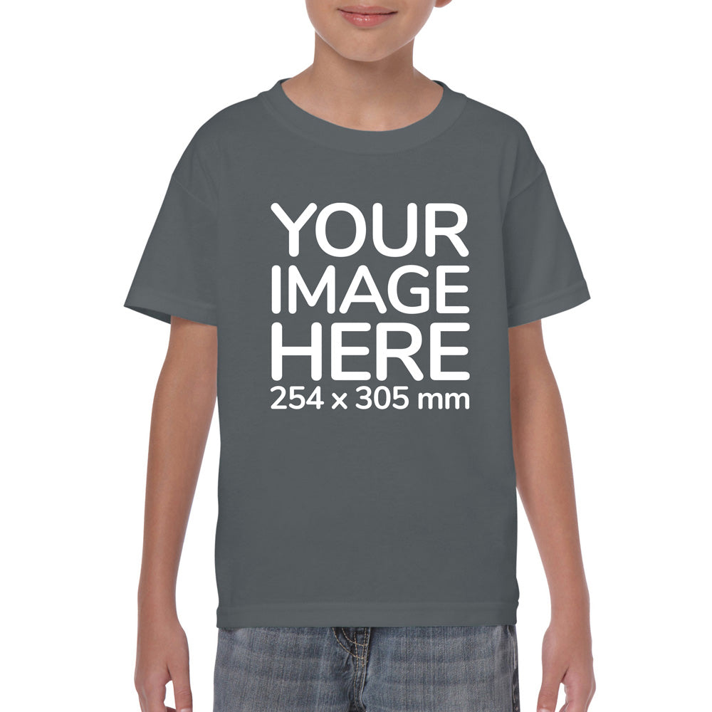 Kid wearing a dark gray T-Shirt, displaying the front side, showing a placeholder image indicating that the Custom Tees can be customised with own design on front side.