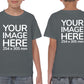 Kid wearing a dark gray T-Shirt, displaying the front and back side, showing a placeholder image indicating that the Custom Tees can be customised with own design on front and back side.