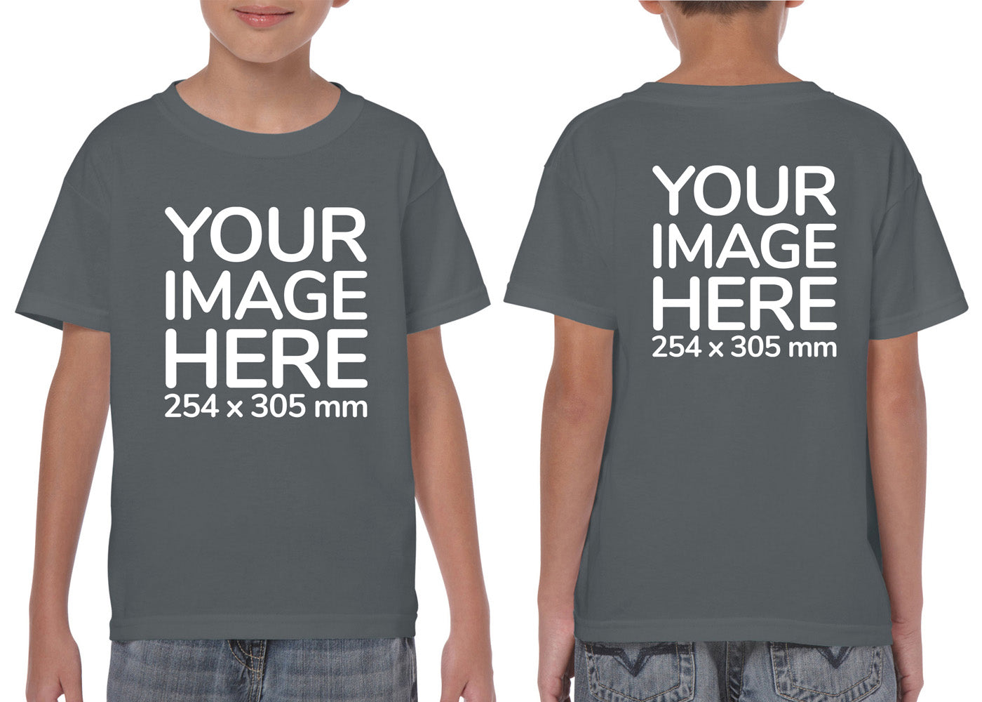 Kid wearing a dark gray T-Shirt, displaying the front and back side, showing a placeholder image indicating that the Custom Tees can be customised with own design on front and back side.