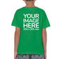 Kid wearing a green T-Shirt, displaying the back side, showing a placeholder image indicating that the Custom Tees can be customised with own design or photo on back side.