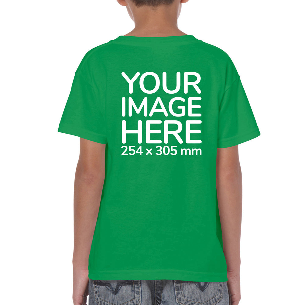 Kid wearing a green T-Shirt, displaying the back side, showing a placeholder image indicating that the Custom Tees can be customised with own design or photo on back side.