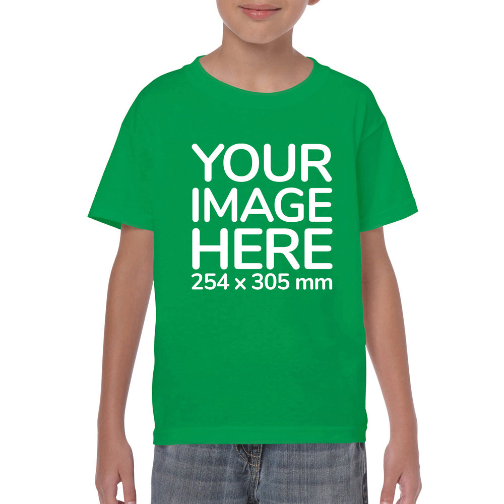 Kid wearing a green T-Shirt, displaying the front side, showing a placeholder image indicating that the Custom Tees can be customised with own design on front side.