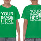 Kid wearing a green T-Shirt, displaying the front and back side, showing a placeholder image indicating that the Custom Tees can be customised with own design on front and back side.