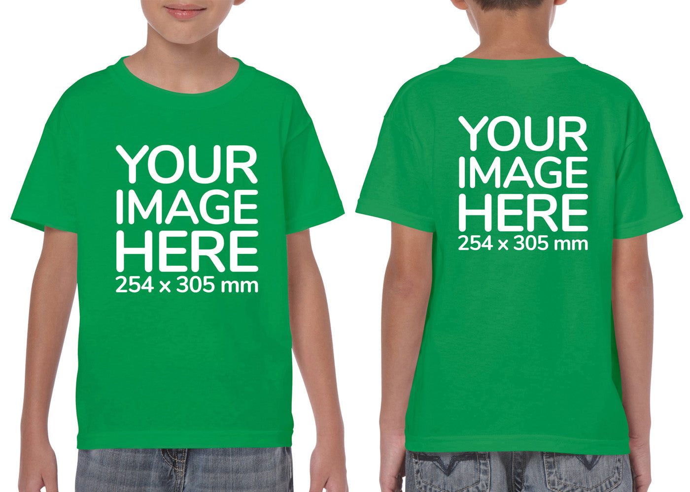 Kid wearing a green T-Shirt, displaying the front and back side, showing a placeholder image indicating that the Custom Tees can be customised with own design on front and back side.