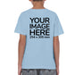 Kid wearing a light blue T-Shirt, displaying the back side, showing a placeholder image indicating that the Custom Tees can be customised with own design or photo on back side.