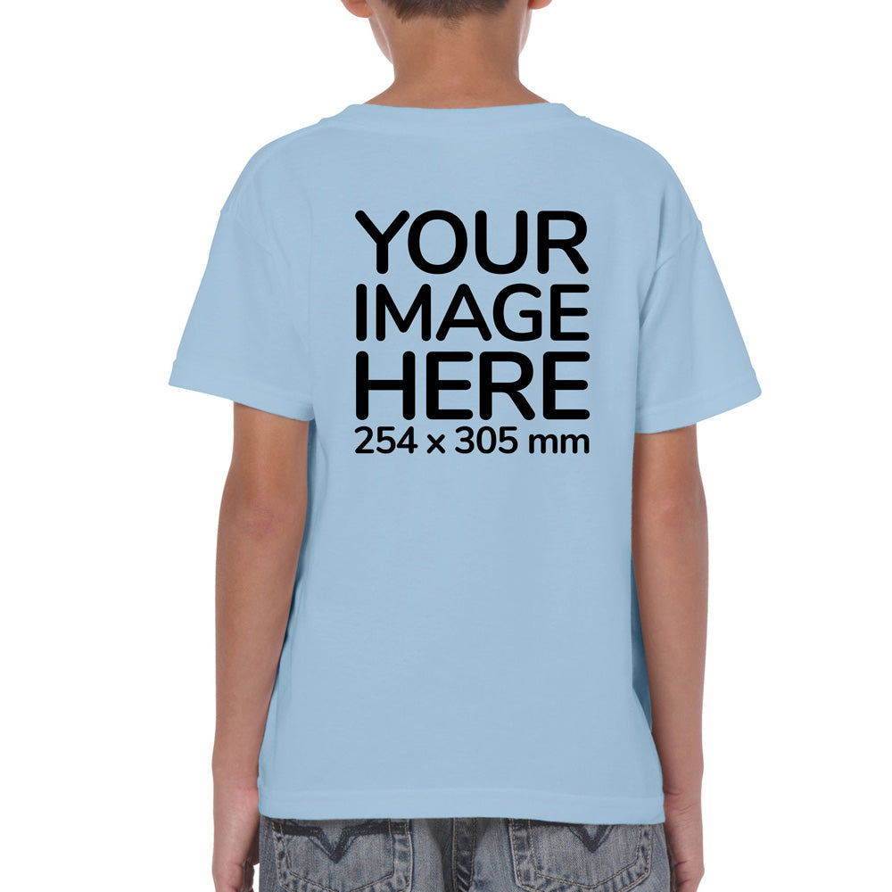 Kid wearing a light blue T-Shirt, displaying the back side, showing a placeholder image indicating that the Custom Tees can be customised with own design or photo on back side.