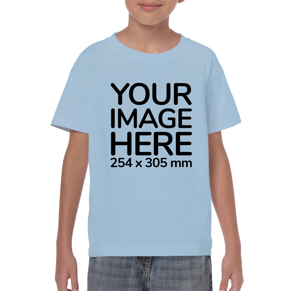Kid wearing a light blue T-Shirt, displaying the front side, showing a placeholder image indicating that the Custom Tees can be customised with own design on front side.