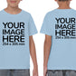 Kid wearing a light blue T-Shirt, displaying the front and back side, showing a placeholder image indicating that the Custom Tees can be customised with own design on front and back side.