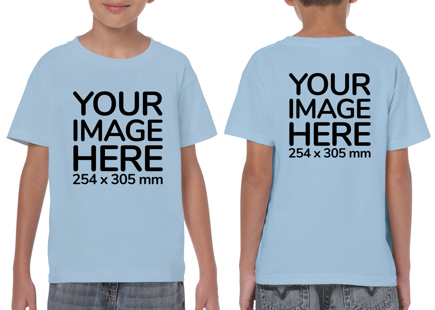 Kid wearing a light blue T-Shirt, displaying the front and back side, showing a placeholder image indicating that the Custom Tees can be customised with own design on front and back side.