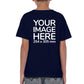 Kid wearing a navy blue T-Shirt, displaying the back side, showing a placeholder image indicating that the Custom Tees can be customised with own design or photo on back side.