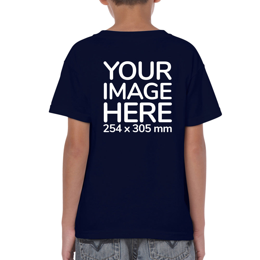 Kid wearing a navy blue T-Shirt, displaying the back side, showing a placeholder image indicating that the Custom Tees can be customised with own design or photo on back side.
