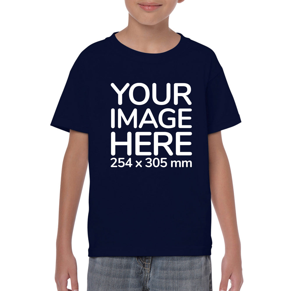 Kid wearing a navy blue lT-Shirt, displaying the front side, showing a placeholder image indicating that the Custom Tees can be customised with own design on front side.