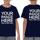 Kid wearing a navy blue T-Shirt, displaying the front and back side, showing a placeholder image indicating that the Custom Tees can be customised with own design on front and back side.
