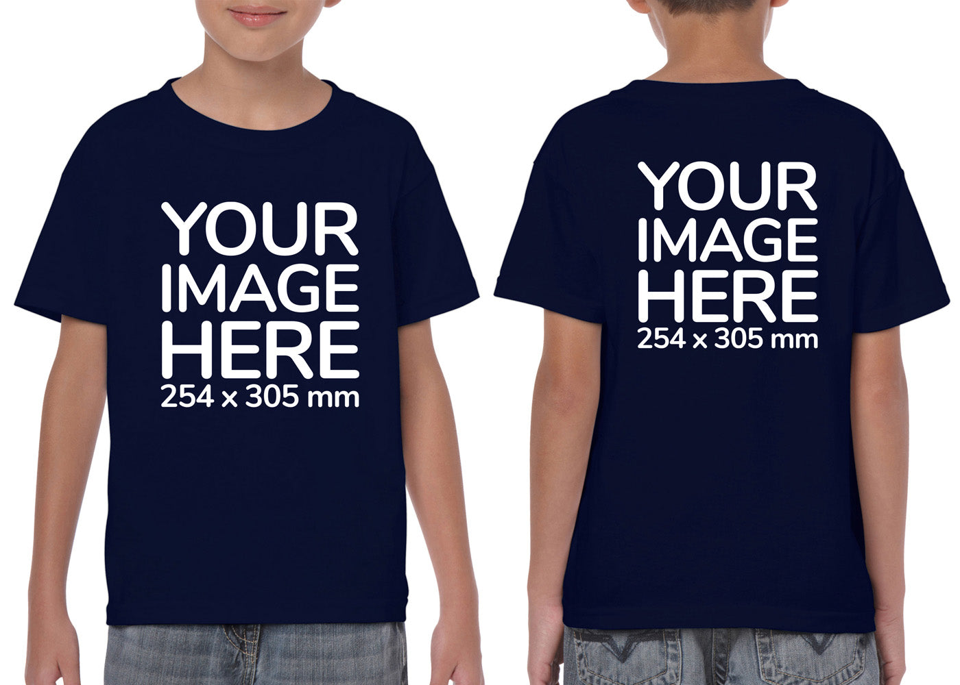 Kid wearing a navy blue T-Shirt, displaying the front and back side, showing a placeholder image indicating that the Custom Tees can be customised with own design on front and back side.