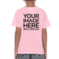 Kid wearing a pink T-Shirt, displaying the back side, showing a placeholder image indicating that the Custom Tees can be customised with own design or photo on back side.