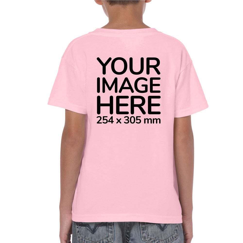 Kid wearing a pink T-Shirt, displaying the back side, showing a placeholder image indicating that the Custom Tees can be customised with own design or photo on back side.