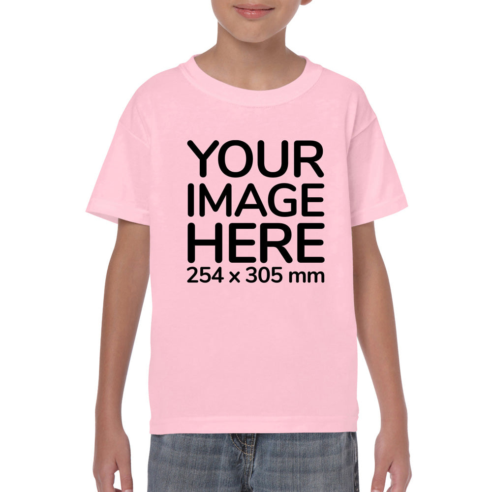Kid wearing a pink T-Shirt, displaying the front side, showing a placeholder image indicating that the Custom Tees can be customised with own design on front side.