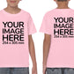 Kid wearing a pink T-Shirt, displaying the front and back side, showing a placeholder image indicating that the Custom Tees can be customised with own design on front and back side.