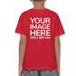 Kid wearing a red T-Shirt, displaying the back side, showing a placeholder image indicating that the Custom Tees can be customised with own design or photo on back side.